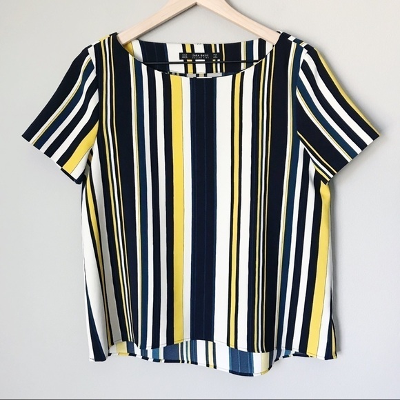 Zara Gold and Navy Blue Striped SS Blouse M EUC - Picture 1 of 6